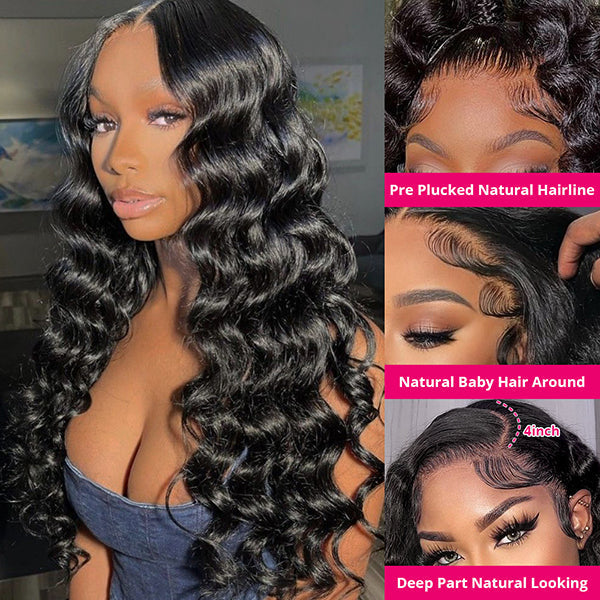 qvr hd lace wigs black loose deep wave long human hair wig for women