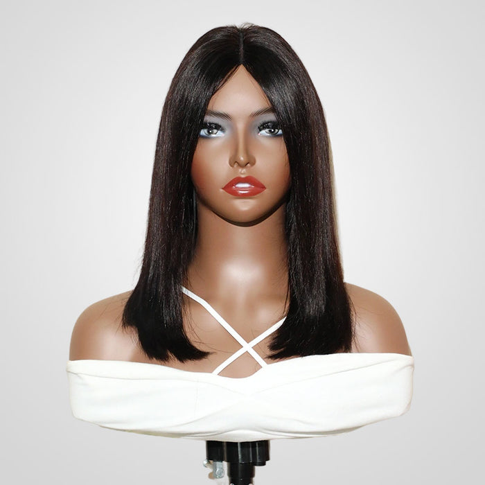 short bob v part wig on wig stand front view
