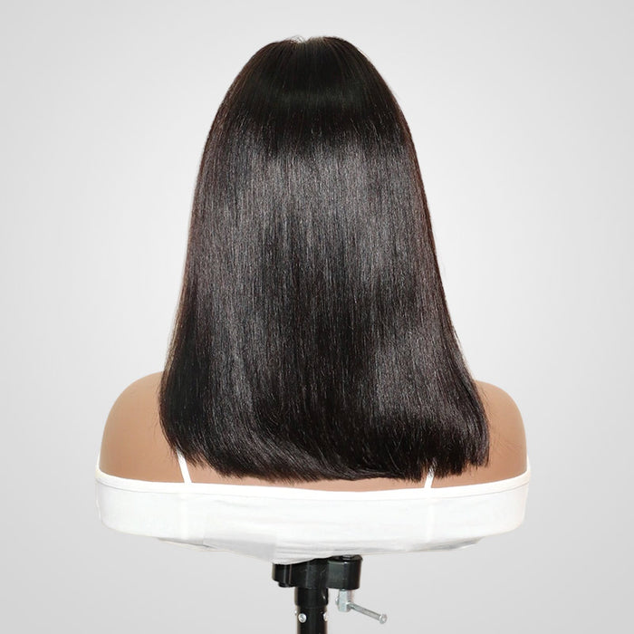 short bob v part wig on wig stand back view