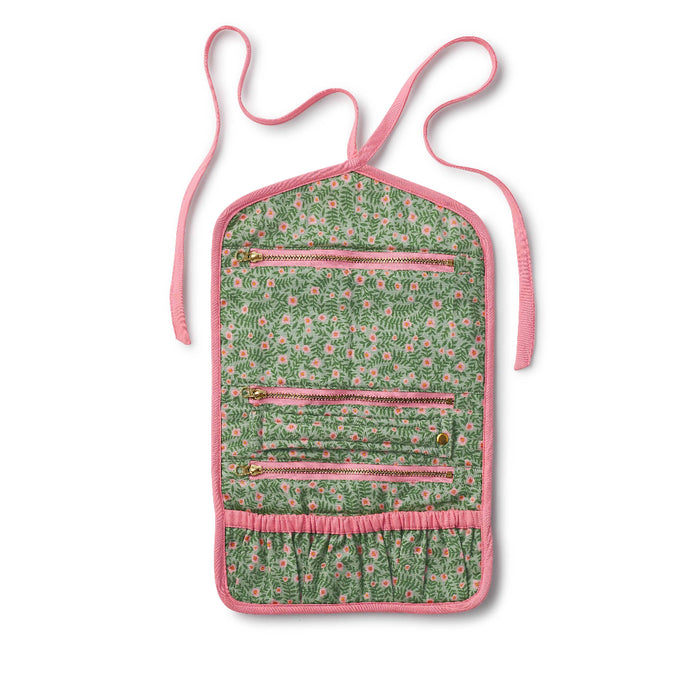 Floral-patterned pouch with pink trim on a white background