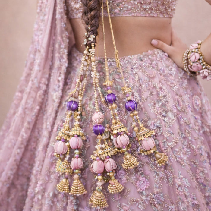 Multicolour crystal and bead parandi with pearls, tassels and ghungroos for festive braids
