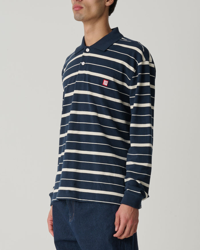 S-Double - Stripe Long sleeve Polo - Navy / Natural