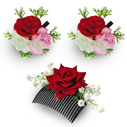 SANAS Red Rose Hair Accessories for Women 3Pcs Floral Hair Clip Set
