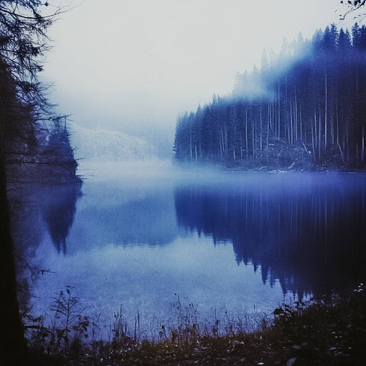 A serene lake surrounded by trees with a misty atmosphere, possibly inspiring the fragrance of a product.