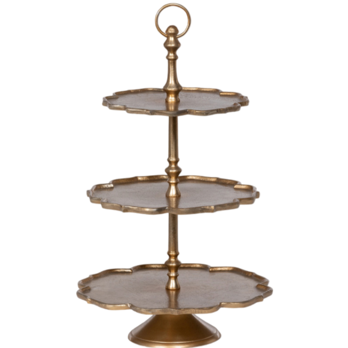 scalloped tiered server, gold tiered stand, cast aluminum server, three tier display stand, decorative dessert stand, vintage-inspired tiered tray, gold scalloped serving stand, tabletop centerpiece stand, tiered decor display, neutral metallic server