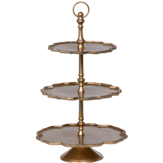 scalloped tiered server, gold tiered stand, cast aluminum server, three tier display stand, decorative dessert stand, vintage-inspired tiered tray, gold scalloped serving stand, tabletop centerpiece stand, tiered decor display, neutral metallic server