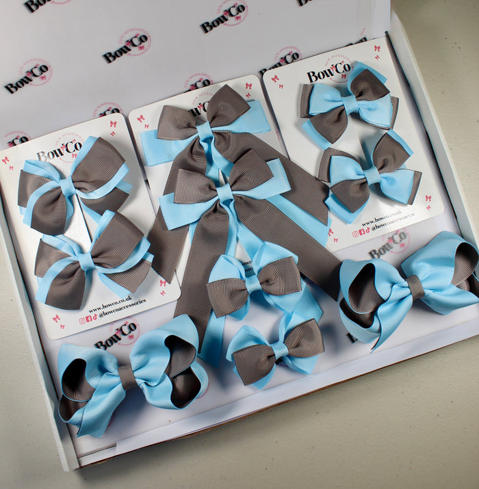 School Bow Bundle Saver - 10 Pack - Blue Topaz and Grey - Clip