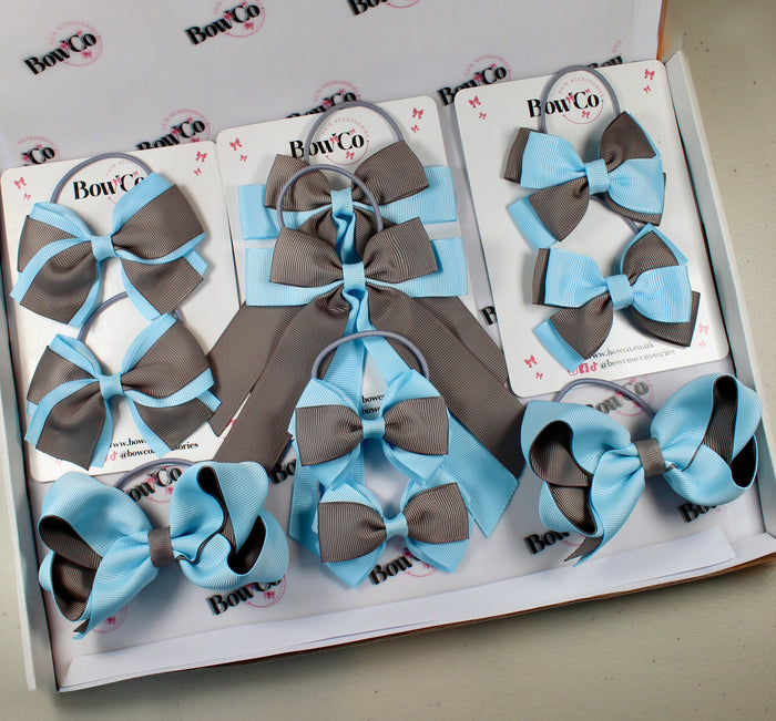 School Bow Bundle Saver - 10 Pack - Blue Topaz and Grey - Elastic