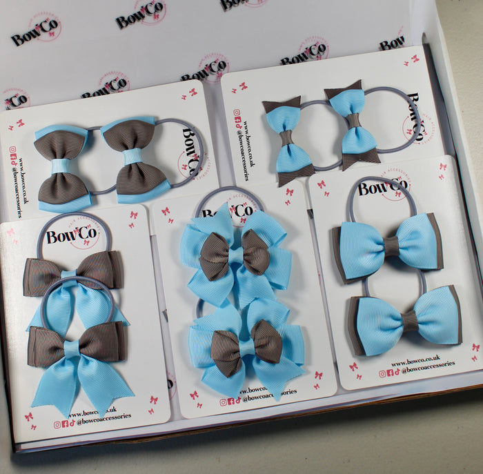 School Bow Bundle Saver - 10 Pack - Blue Topaz and Grey - Elastic