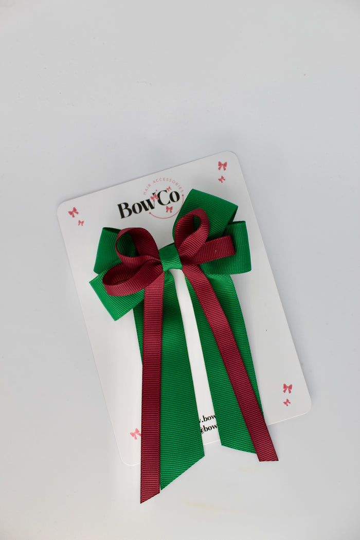 School Bow Forest Green and Burgundy - Loop Bow Tail Clip