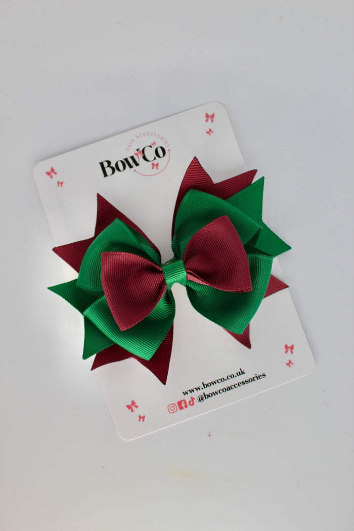 School Bow Forest Green and Burgundy Layer Bow - Clip