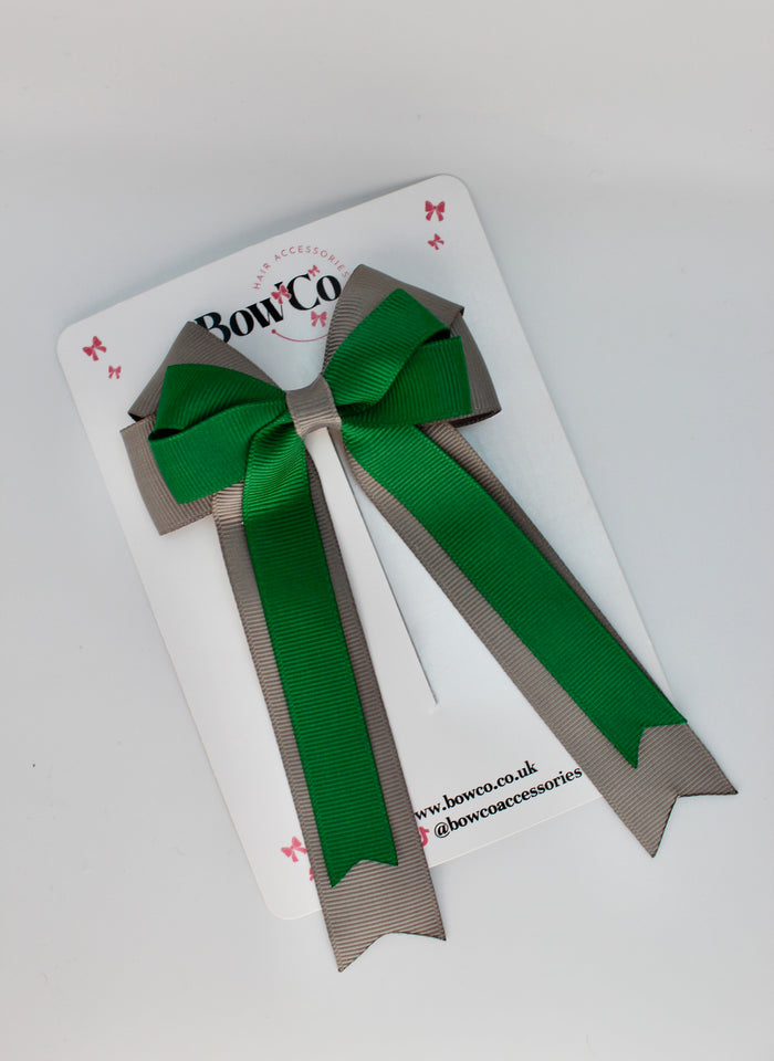 School Bow Forest Green and Grey - Double Bow Tail
