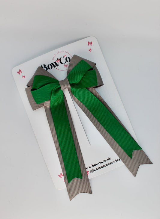 School Bow Forest Green and Grey - Double Bow Tail