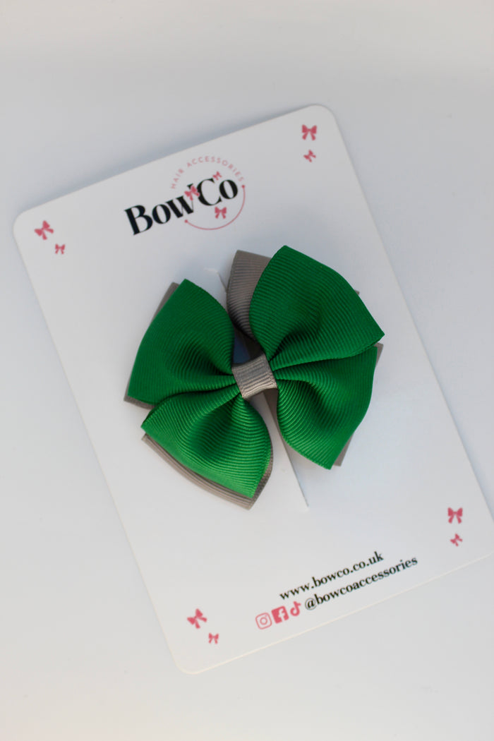 School Bow Forest Green and Grey - Double Layer Bow - Clip