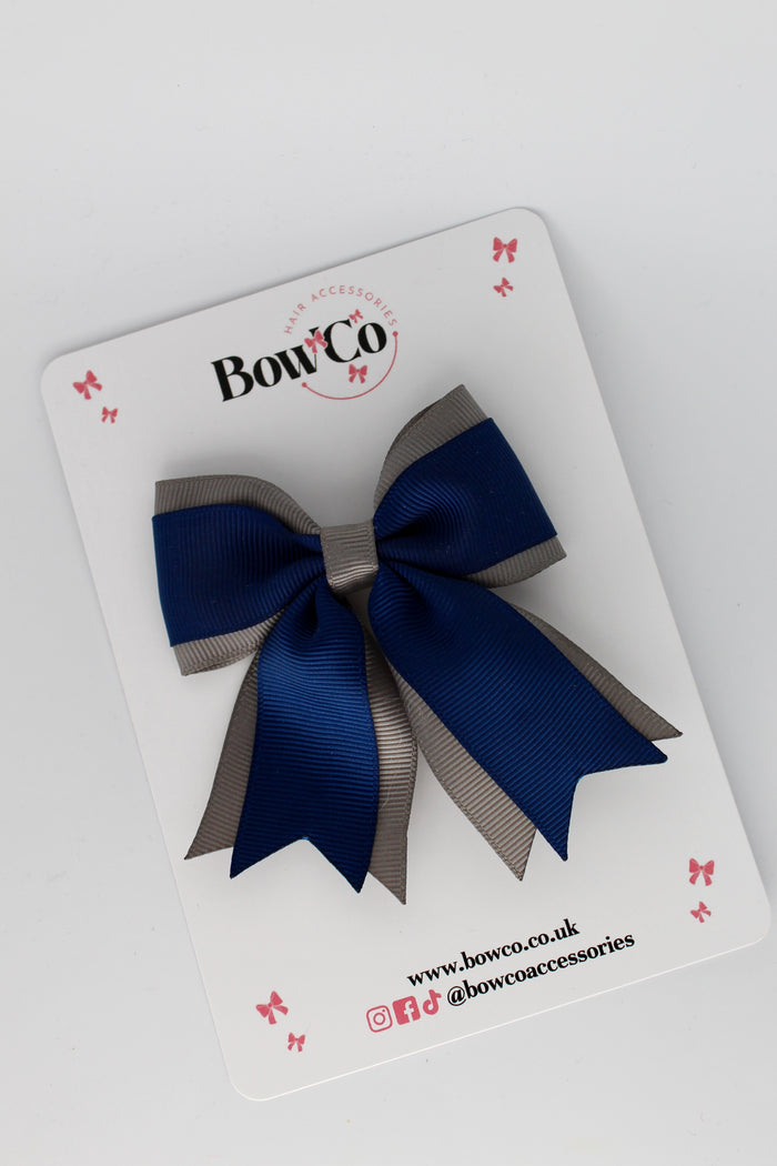 School Bow Navy Blue and Metal Grey - Tail Bow Clip