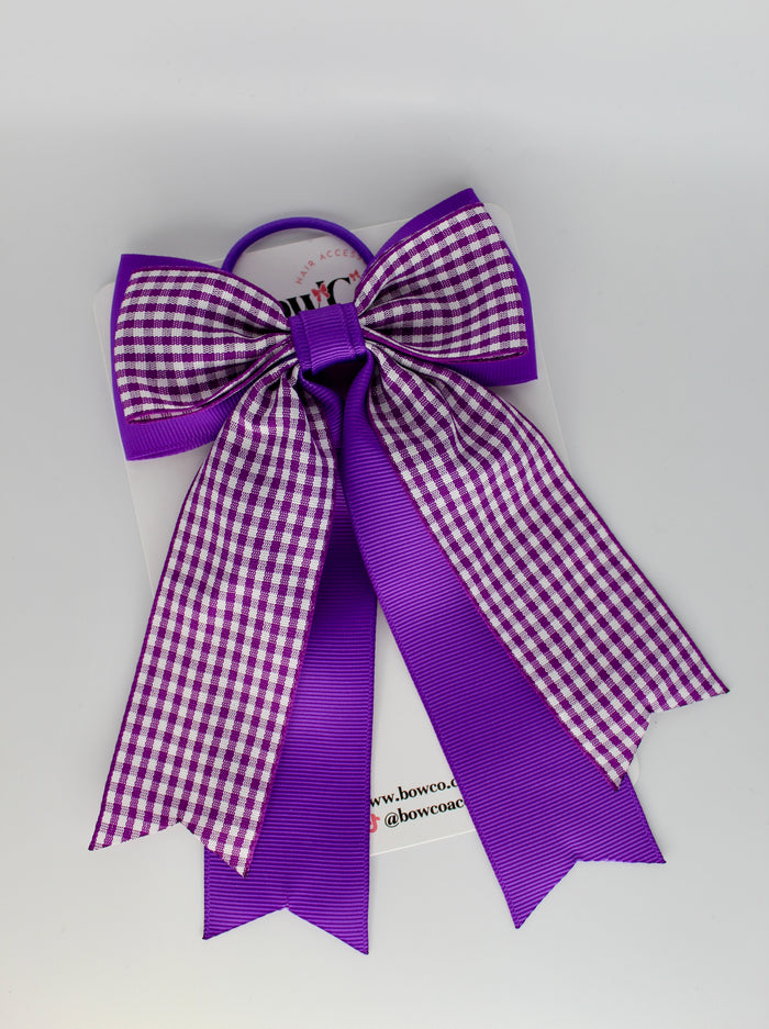 School Bow Purple Gingham Classic Tail Bow - Elastic