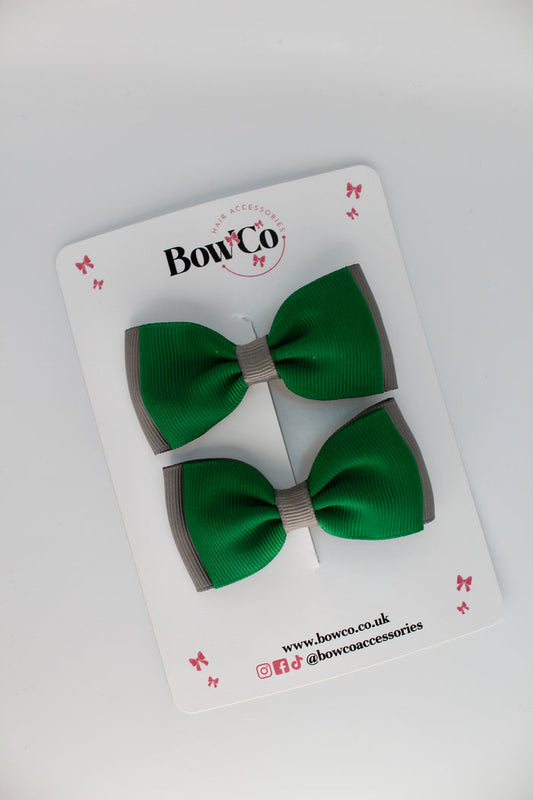 School Bows Forest Green and Grey - Double Lapel - Clip