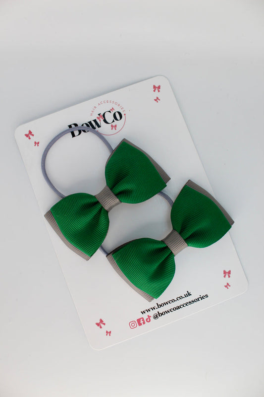 School Bows Forest Green and Grey - Double Lapel Bow Set - Elastic