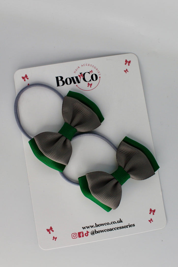 School Bows Forest Green and Grey - Double Ribbon Bow Set - Elastic