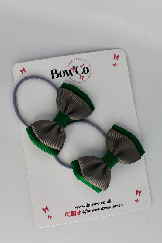 School Bows Forest Green and Grey - Double Ribbon Bow Set - Elastic