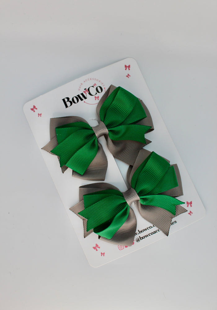 School Bows Forest Green and Grey - Double Tail Bow - Clip