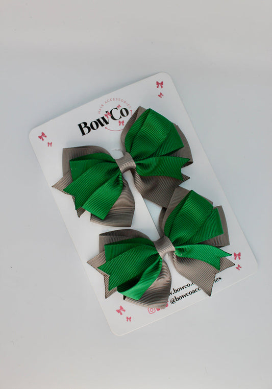 School Bows Forest Green and Grey - Double Tail Bow - Clip