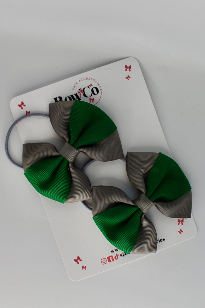 School Bows Forest Green and Grey - Round Tuxedo Bow Set - Elastic