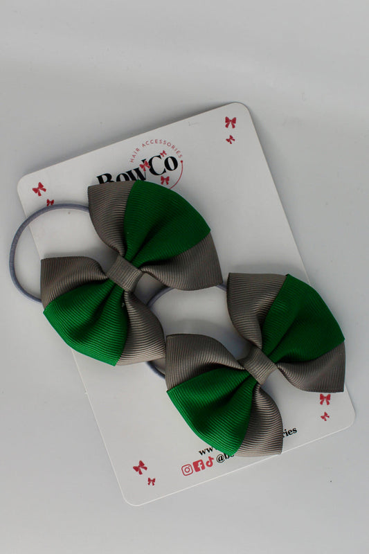 School Bows Forest Green and Grey - Round Tuxedo Bow Set - Elastic