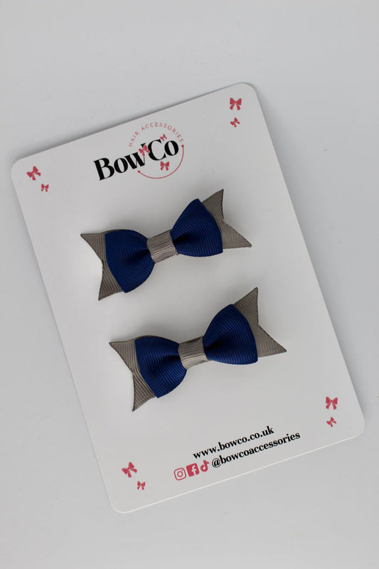 School Bows Navy Blue and Metal Grey - Layer Tail Bow - Clip