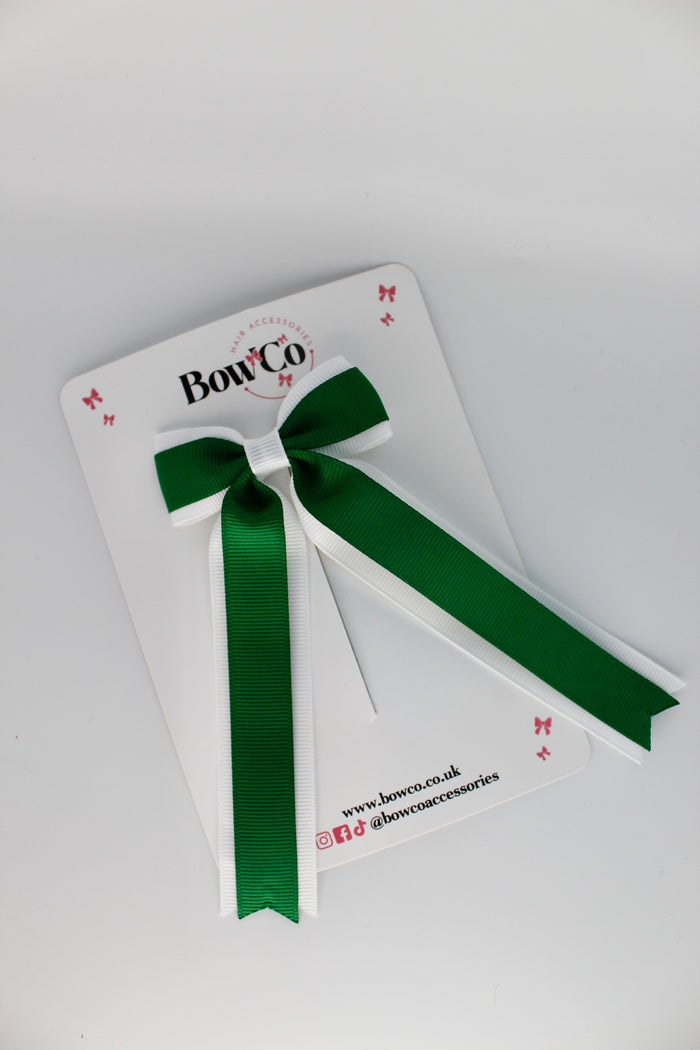 School Green and White Tuxedo Tails Bow – Clip