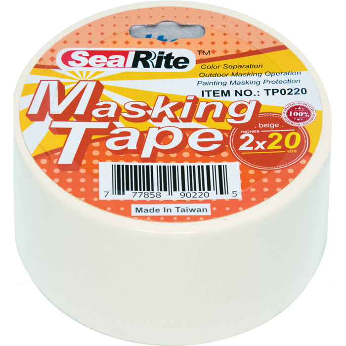 A roll of SealRite brand masking tape, item number TP0220, in beige color, 2 inches by 20 yards size, with packaging that includes the item number and 'Made in Taiwan' text.
