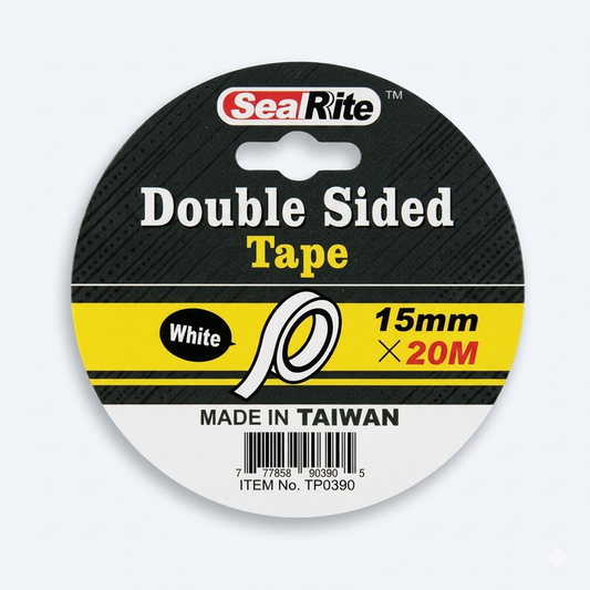SealRite double-sided tape roll with specifications on a white background, 15mm x 20m in size, with product code TP0390-IM.