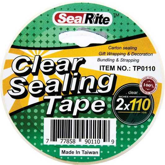 A roll of clear sealing tape with packaging that includes the brand name SeaRite and product details.