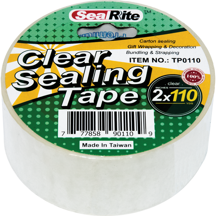 A roll of clear sealing tape with packaging that includes the brand name SeaRite and product details.