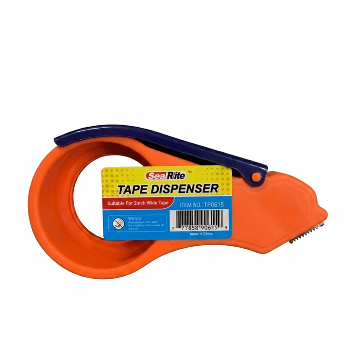 Orange tape dispenser with blue handle on a white background