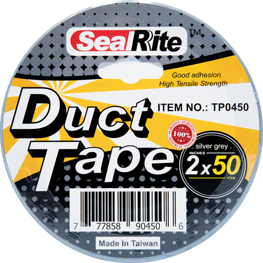 A roll of SealRite silver duct tape with 50 yards length and 2 inches width, featuring good adhesion and high tensile strength, made in Taiwan.