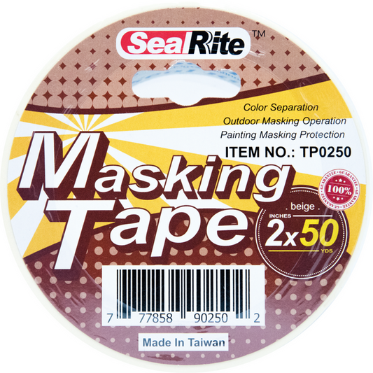 A roll of SealRite masking tape with product number TP0250, size 2 inches by 50 yards, designed for outdoor use and painting protection.