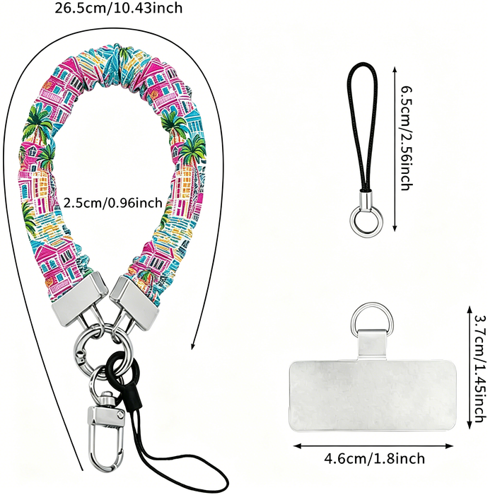 A stretchy scrunchie-style phone wrist strap with a metal clasp and phone tether tab, shown worn on the wrist and attached to a phone.
