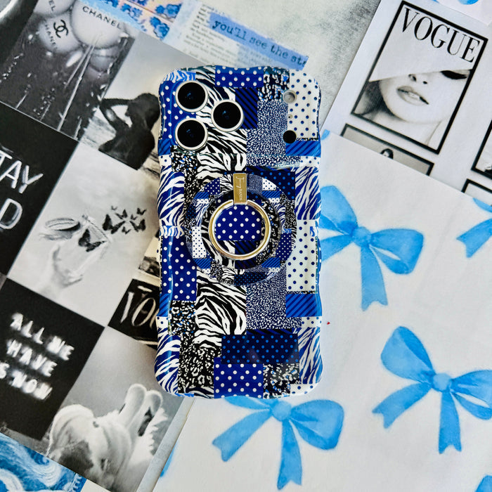 Sending Mixed Signals Hold It Fancy MagSafe grip ring with a blue and white mixed-pattern patchwork design from Fancy Bands