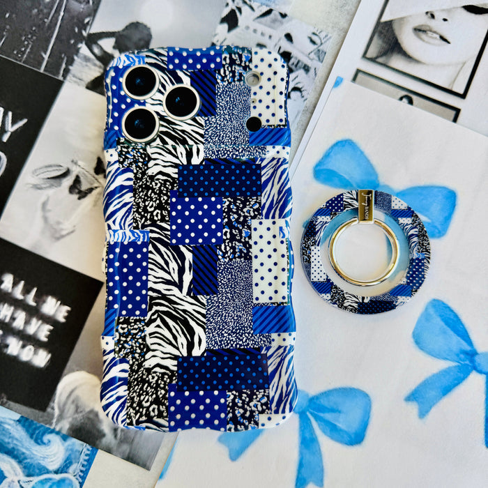 Sending Mixed Signals Hold It Fancy MagSafe grip ring with a blue and white mixed-pattern patchwork design from Fancy Bands