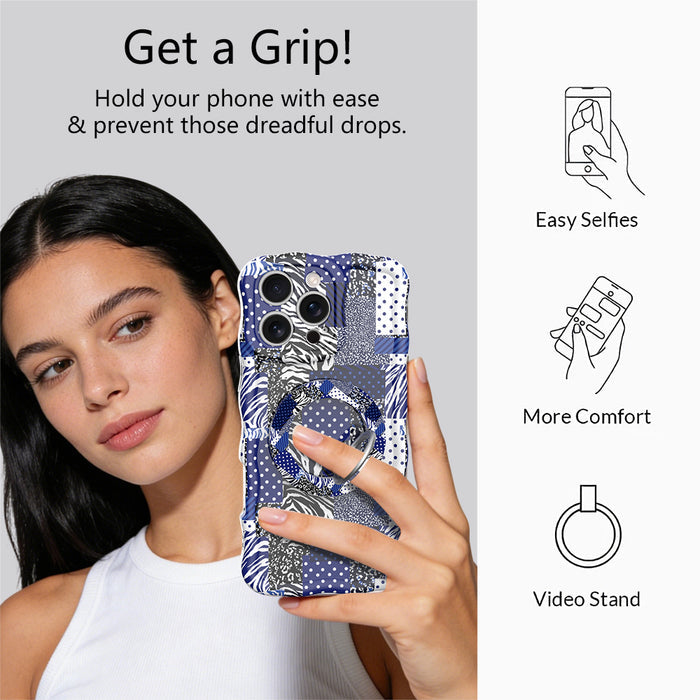 Sending Mixed Signals Hold It Fancy MagSafe grip ring with a blue and white mixed-pattern patchwork design from Fancy Bands