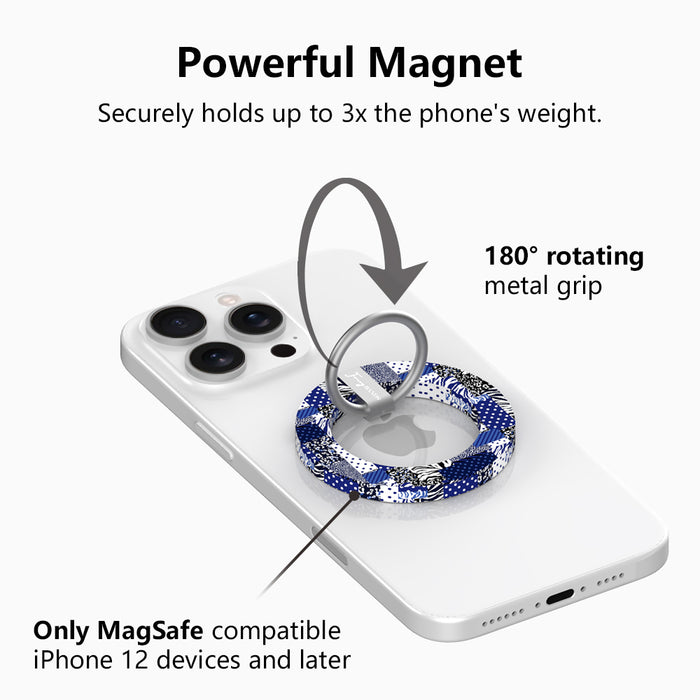 Sending Mixed Signals Hold It Fancy MagSafe grip ring with a blue and white mixed-pattern patchwork design from Fancy Bands