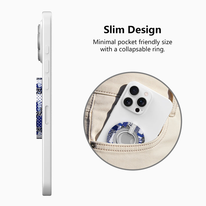 Sending Mixed Signals Hold It Fancy MagSafe grip ring with a blue and white mixed-pattern patchwork design from Fancy Bands