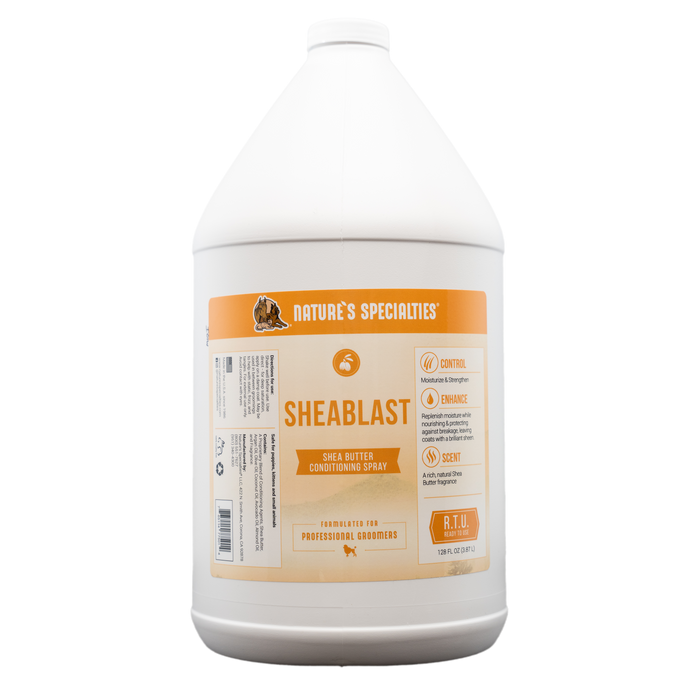 Gallon-size bottle of Nature's Specialties SheaBlast Shea Butter Conditioning Spray for pets.