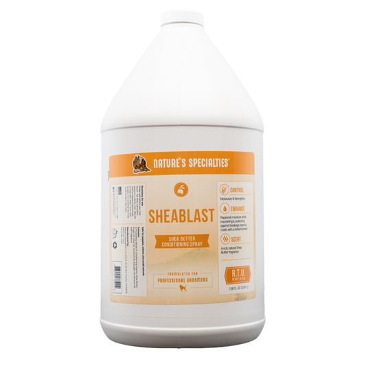 Gallon-size bottle of Nature's Specialties SheaBlast Shea Butter Conditioning Spray for pets.