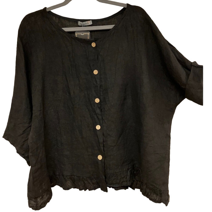 SHIVA Loose Linen Floral Roll Sleeve Top