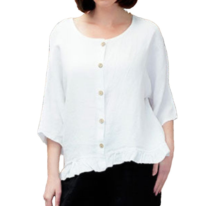 SHIVA Loose Linen Floral Roll Sleeve Top