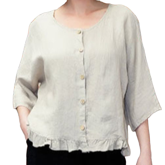 SHIVA Loose Linen Floral Roll Sleeve Top