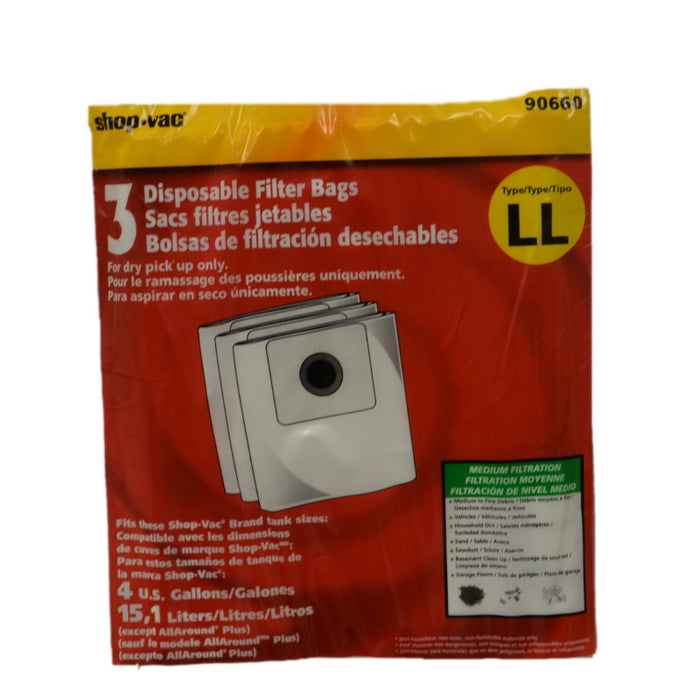 Shop Vac Paper Bags, 4 Gallon All Around Type LL 3 Pk Part 90660-00 , 90660 , SV-90660
