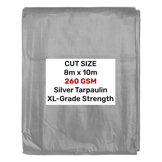 Silver XL-Grade Tarpaulin 8m x 10m Waterproof Tarpaulin Cover Reinforced Eyelets